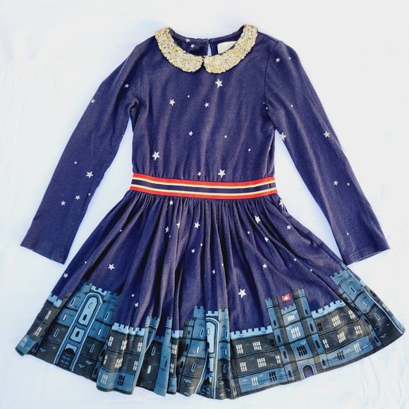Mini Boden Other - Mini Boden Girl's Navy Castle Dress with Gold Sequin Collar - size 6-7y